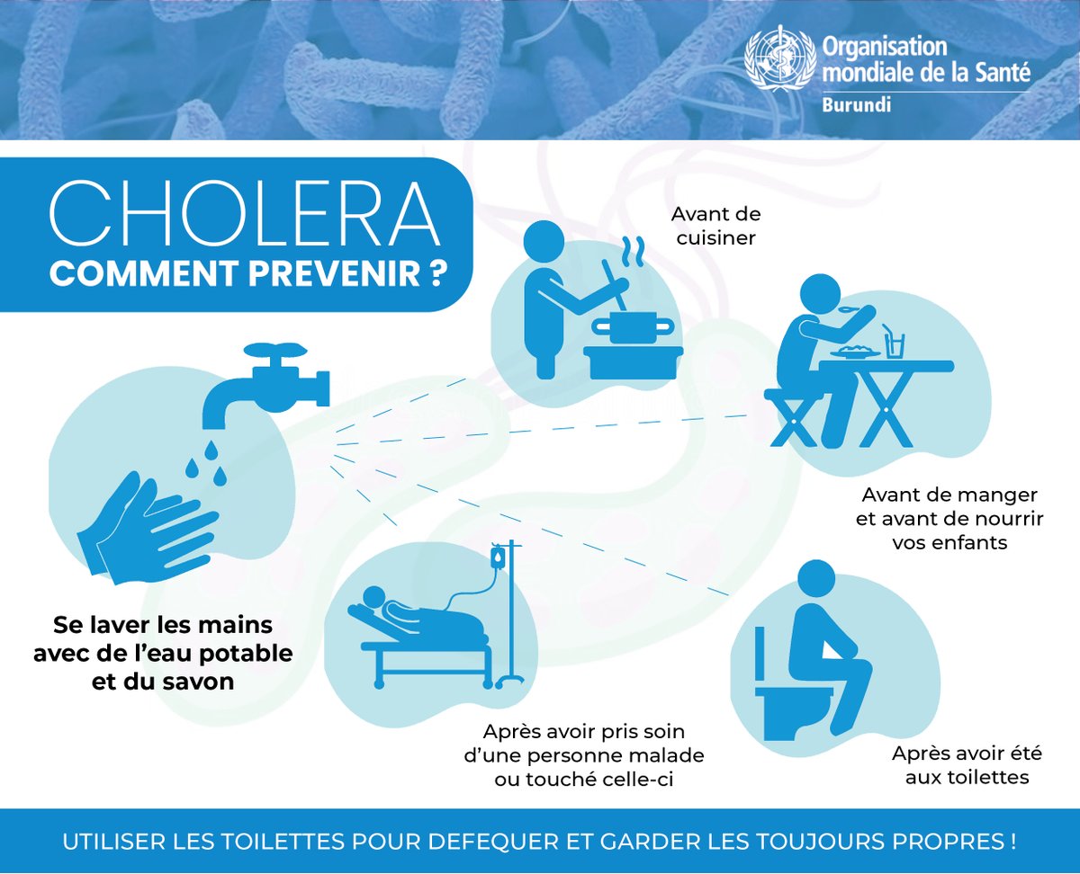 Les récentes inondations au #Burundi constituent des facteurs de risques d’épidémies de #choléra et autres maladies liées aux conditions de vie précaires des populations. Pour se protéger et protéger les autres, respectez les consignes ci-après👇👇👇