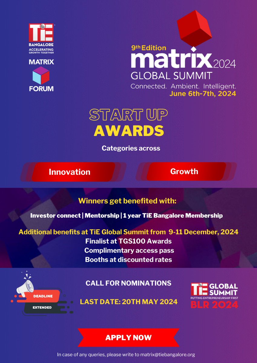 Showcase your innovative brilliance at the 9th Edition of the Matrix Global Summit's Startup Awards 2024. 🚀 Nominate your startup by May 20, 2024. Details: lnkd.in/gqtcNCzf #MatrixGlobalSummit #StartUpAwards #Entrepreneurship #TechConference #Innovation #BengaluruEvents