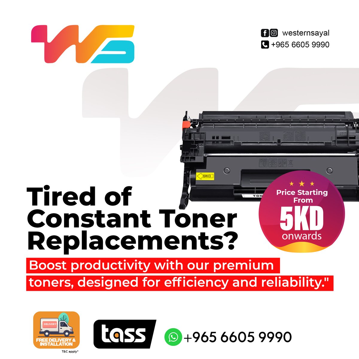 End the cycle of constant toner replacements!
📷 +965 6605 9990

#WesternSayal #Tass #PrinterPros #printer #printers #3dprinter #print #toner #cartridge #ink #printing #digitalprinting #printingservices #printshop #kuwait #PrintingPerfection #QualityToners #Japanesetonerpowder