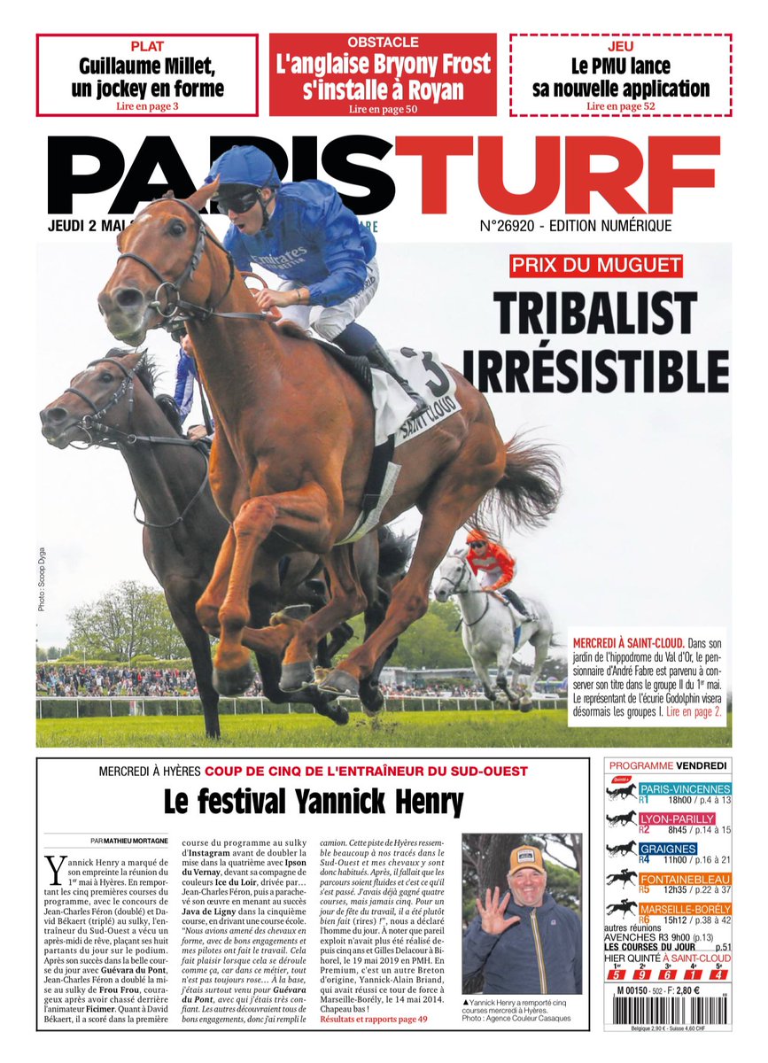 La Une du jour 📰 🔵 Tribalist conserve son titre dans le Prix du Muguet ✋🏻 Yannick Henry fait un coup de 5️⃣ 🤳🏻PMU+ la nouvelle application