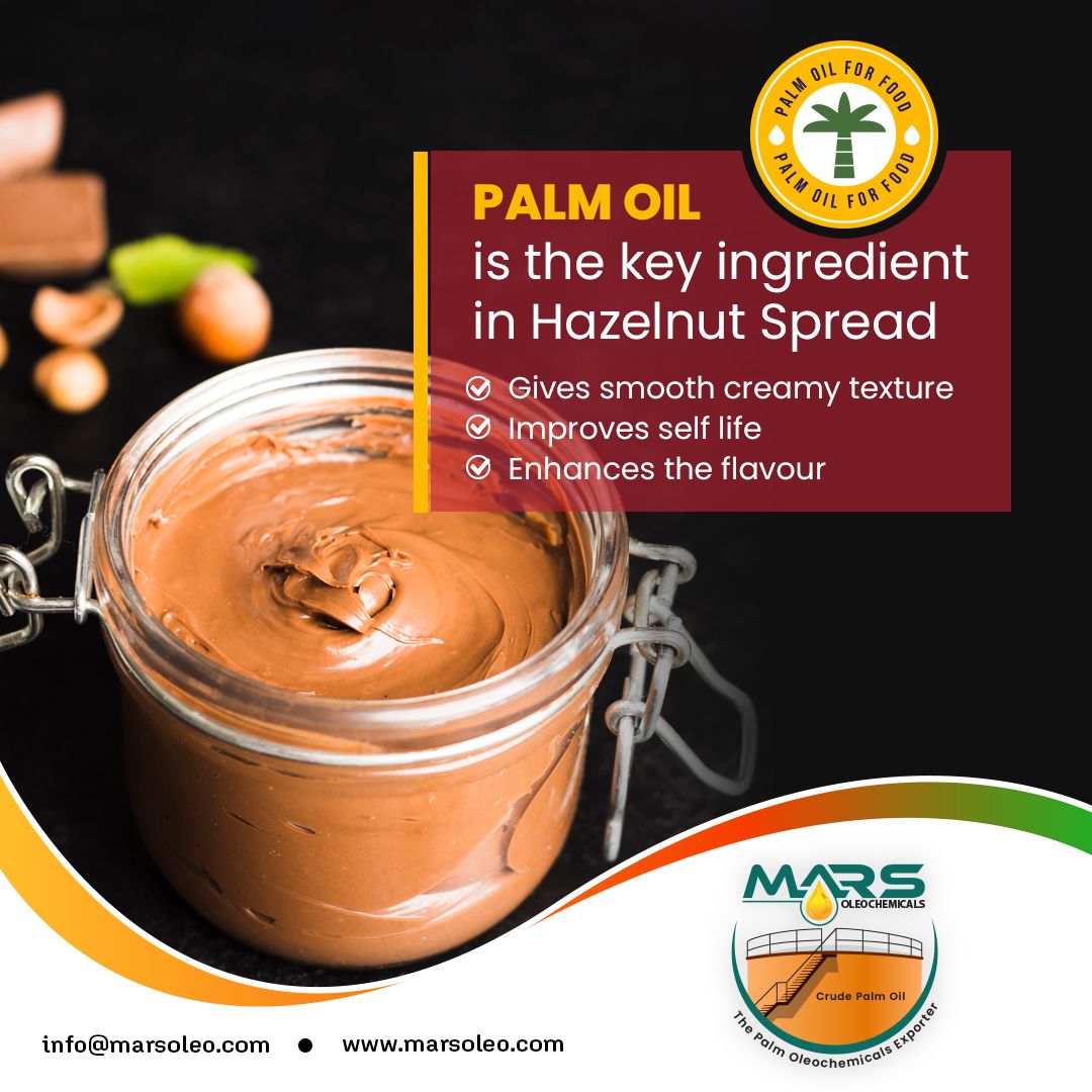 The creamy secret behind your favorite hazelnut spread?

PALM OIL is the key ingredient in Hazelnut Spread

✅ Gives smooth creamy texture
✅ Improves self life
✅ Enhances the flavour

SEND US YOUR REQUIREMENTS:
info@marsoleo.com

#marsoleochemicals #palmoil #hazelnutspread