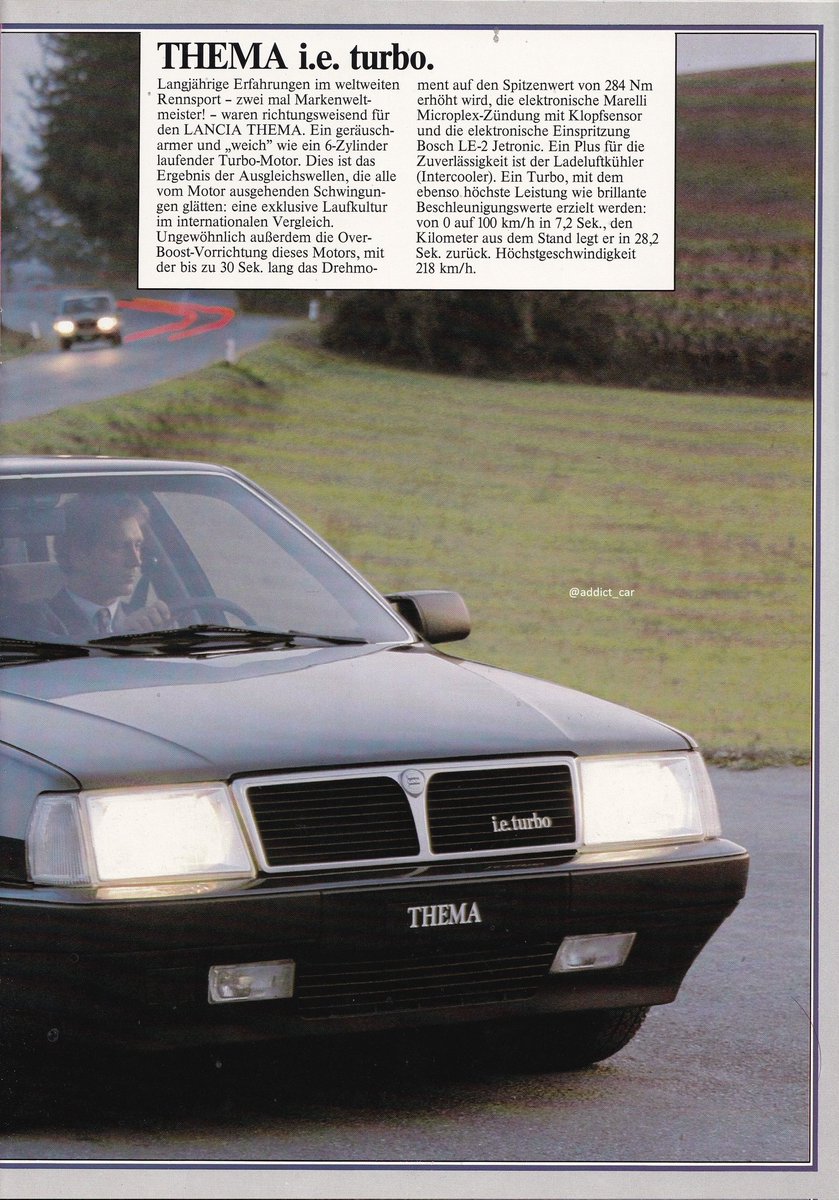 Lancia's replacement for the Gamma was the Thema, an altogether more serious executive car contender developed in a quartet with Fiat, Saab and Alfa Romeo siblings. The early performance model, the 165 bhp 2.0.Turbo ie, is shown in this 1986 German brochure. #carbrochure #Lancia