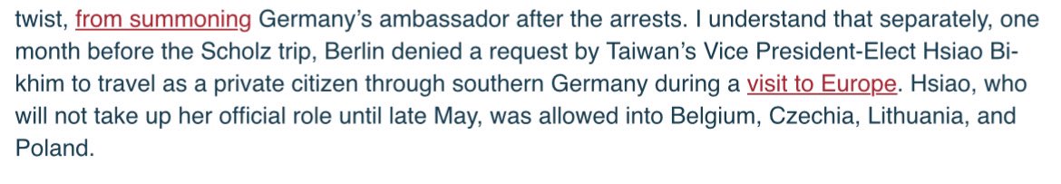 Embarrassing for Germany if true: According to @noahbarkin, “Berlin denied a request by Taiwan’s Vice President-Elect @bikhim to travel as a private citizen through southern Germany during a visit to Europe. Hsiao (…) was allowed into Belgium, Czechia, Lithuania, and Poland.”