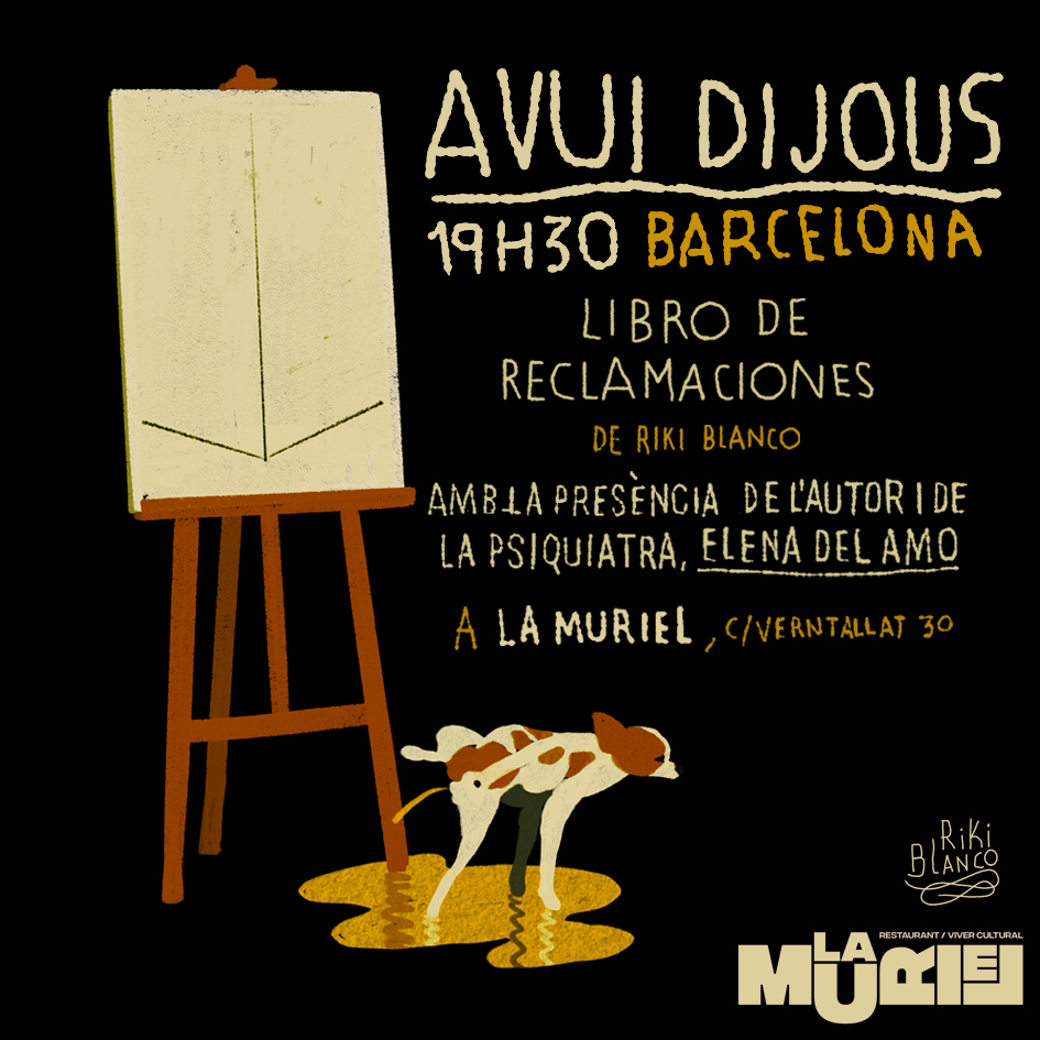 La meva vinyeta d'avui. Avui presento el llibre a Barcelona, a la Muriel (barri de Gràcia). A les 19h30, entrada lliure fins a completar aforament. M'acompanyarà la psiquiatra Elena de l'Amo. Es podrà beure, menjar i pagar amb targeta.