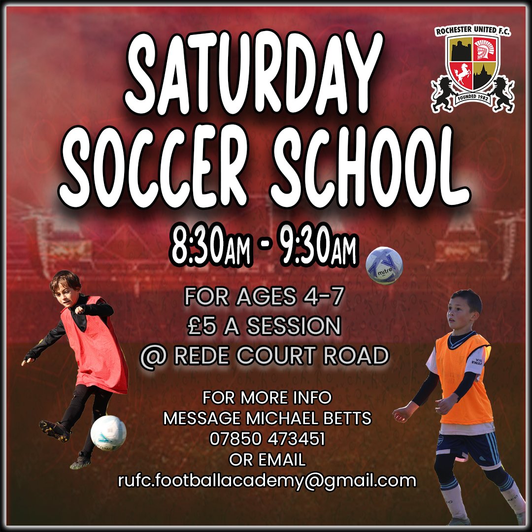 ⚽ SATURDAY SOCCER SCHOOL ⚽ Join us EVERY Saturday morning at Rede Court Road for our Saturday Soccer School and kick your football skills up a notch for just £5 a session. Message Michael Betts for more info - 07850 473451, or email rufc.footballacademy@gmail.com