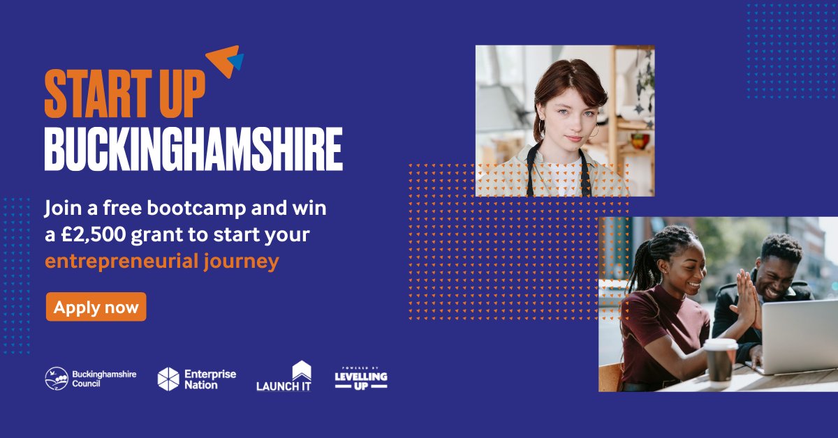 ⏰ Last chance to apply to the StartUp #Buckinghamshire bootcamp! Join a free 12-week bootcamp to learn everything you need to know to boost your start-up and win a £2,500 grant 🚀 ⏳ Apply by 7 May: ow.ly/V9fU50R8bAC @BucksCouncil @LaunchIt_UK