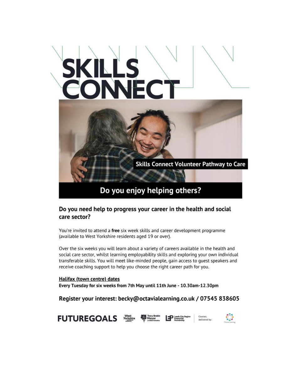 You are invited you to Skills Connect Volunteer Pathway to Care which is a free skills & career development programme, delivered by Octavia Learning To join email becky@octavialearning.co.uk or call 07545 838605 #Volunteer #OctaviaLearning #SkillsTraining #ProfessionalDevelopment