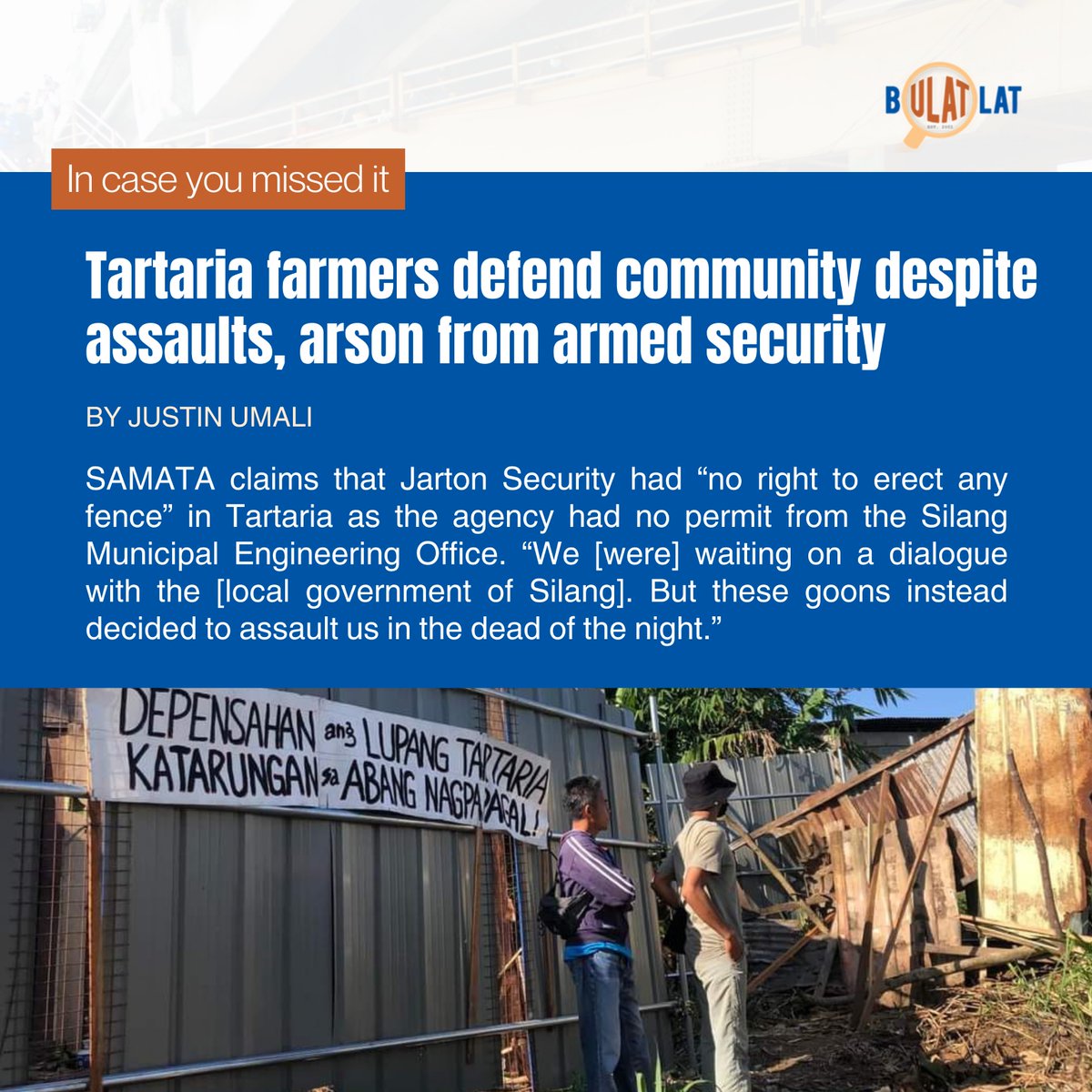 ICYMI | Tensions in the peasant community of Lupang Tartaria flared up starting April 16 when armed security forces from Jarton Security Agency, Inc. began threatening to erect a barricade around the vicinity. Read: bulatlat.com/2024/04/27/tar…