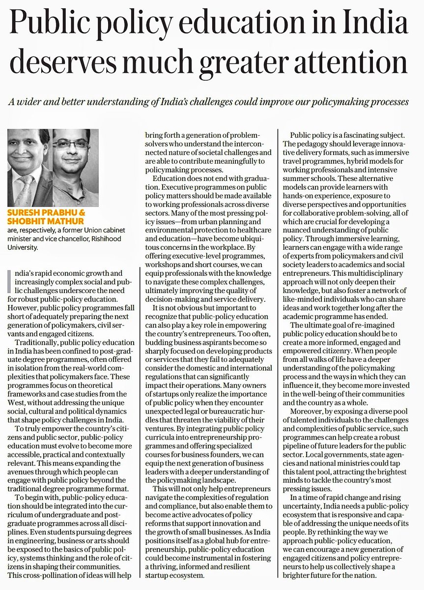 Co-authored an article with @shobweet, VC @Rishihood, published in @livemint. Delving into how public policy education, if executed effectively, has the potential to transform our nation for the better. Check it out for insights on shaping a brighter future! #PublicPolicy