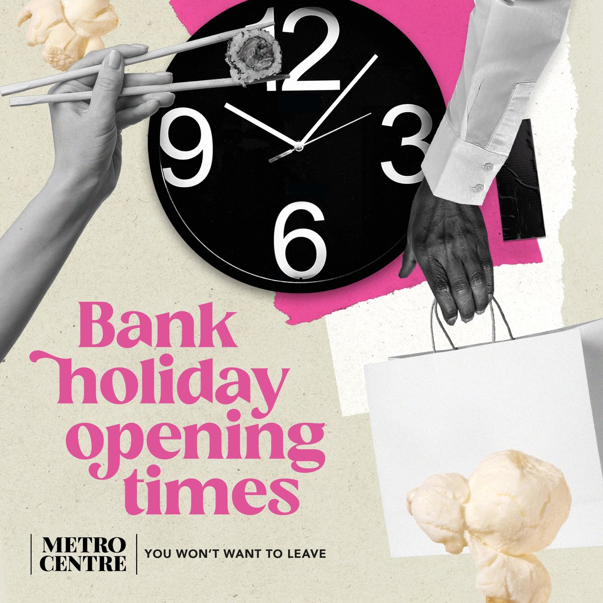 Visiting us this Bank Holiday weekend? ⏰ Our centre hours are: ⌚ 9am - 7pm Saturday ⌚ 11am - 5pm Sunday ⌚ 10am - 6pm Bank Holiday Monday (6th May) Our restaurants and leisure facilities are open even later! Please check with the individual retailers before you set off.