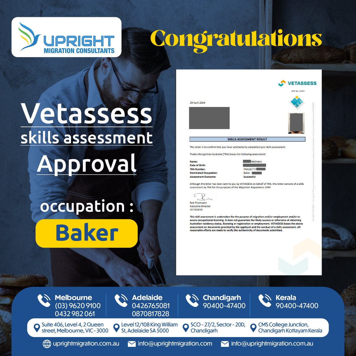 Our client got 2 Vetassess skill Assessment Migration Approval for Occupation:- Chemist and Baker. If you are considering starting your migration journey, don't hesitate to get in touch. We are here to help.
#uprightmigrationconsultant #skilledworkers #AustraliaImmigration