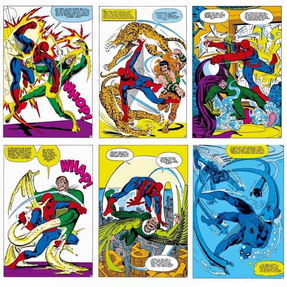 All six splash pages from The Amazing #SpiderMan Annual #1, 1964, where our hero battles each member of the Sinister Six were masterful uses by Steve Ditko of full-page illustrations magnificently punctuating the narrative, turning each confrontation into a striking visual