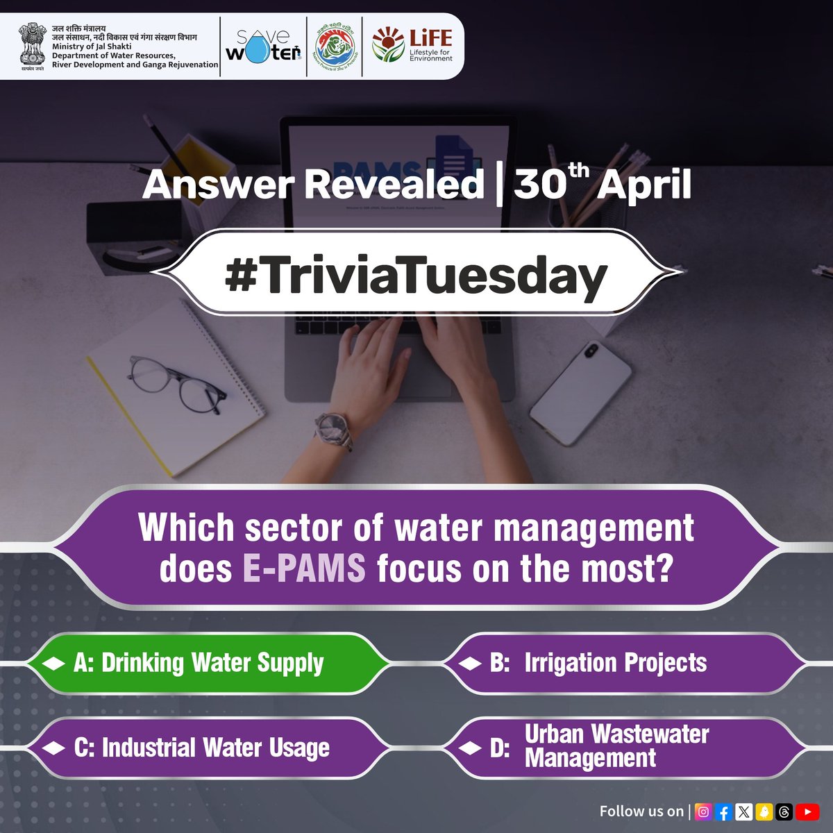 Congratulations to everyone who correctly identified the focus of e-PAMS of @DoWRRDGR_MoJS. Keep the enthusiasm going in our #TriviaTuesday challenge and invite and tag others to join in. Let's learn more about water conservation initiatives together! #JalShakti #DOWR #EPAM