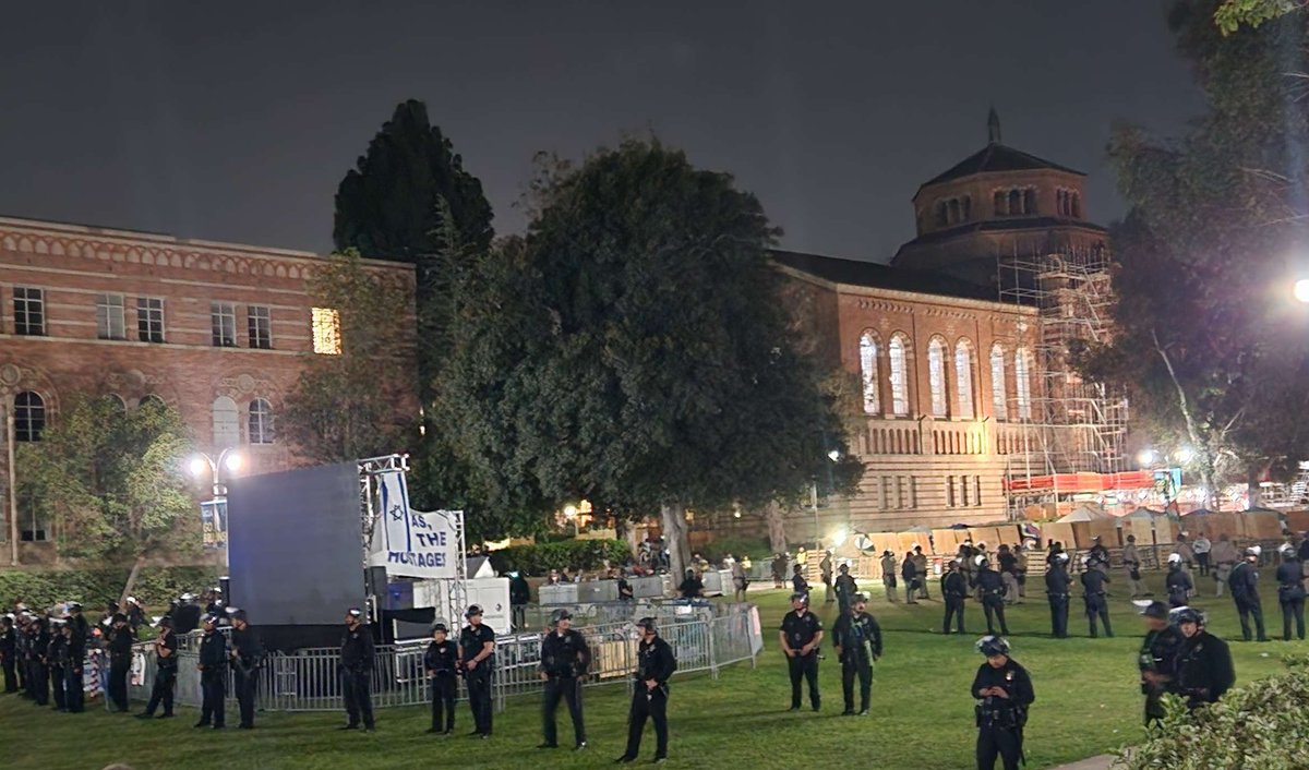 We are at UCLA. There is a large police presence from multiple law enforcement agencies after outside mobs attacked peaceful student protestors last night with no one protecting them. Students now face police. We urge UCLA & City leaders to protect students, not do more harm.