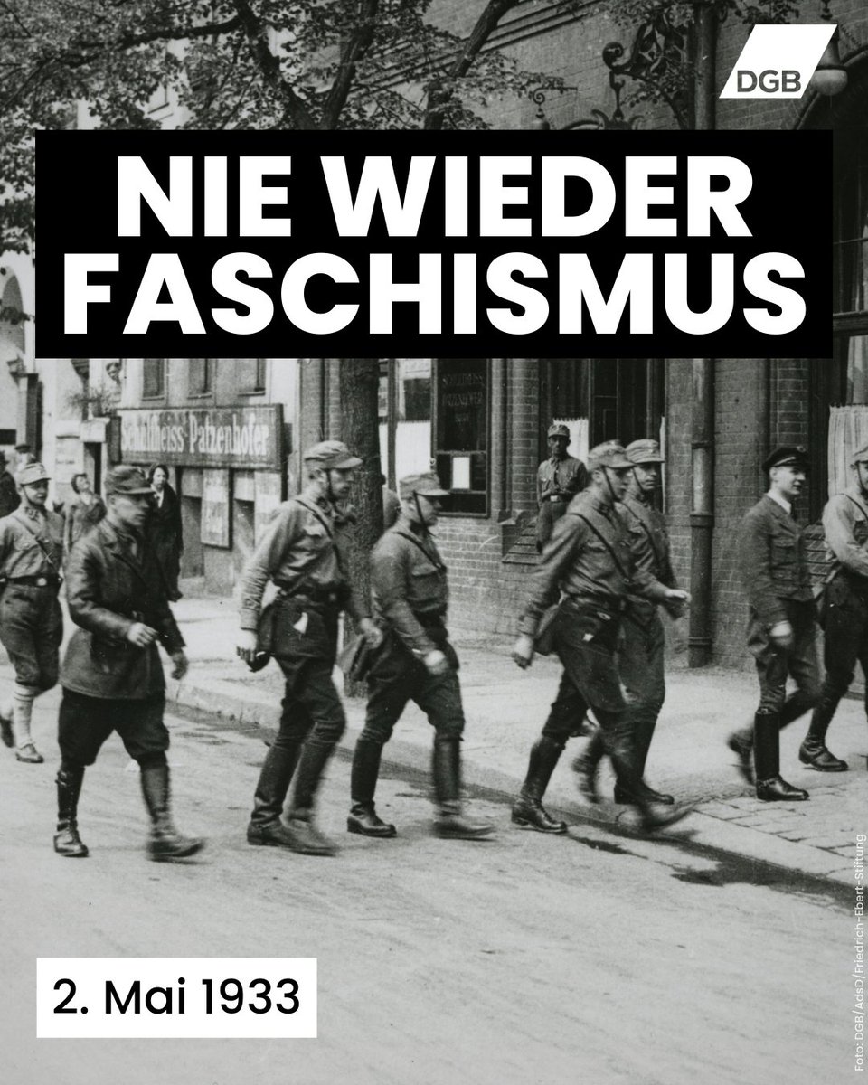 2. Mai 1933: Nazis stürmen in ganz Deutschland die Gewerkschaftshäuser. Sie beschlagnahmen Eigentum, misshandeln und verhaften Gewerkschafter*innen. Es beginnt eine jahrelange Verfolgung und Unterdrückung unserer Kolleg*innen. #NiewiederFaschismus! Für die #Demokratie!