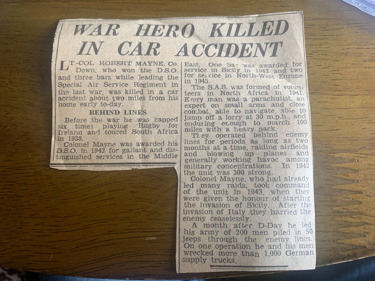 Meeting with the grandson of one of those commanded by Col Blair 'Paddy' Mayne. Amongst many other amazing WWII artefacts, he showed me the news clipping that his grandpa kept with him all his life, about the untimely death of his former CO. The reverence endured.🙏