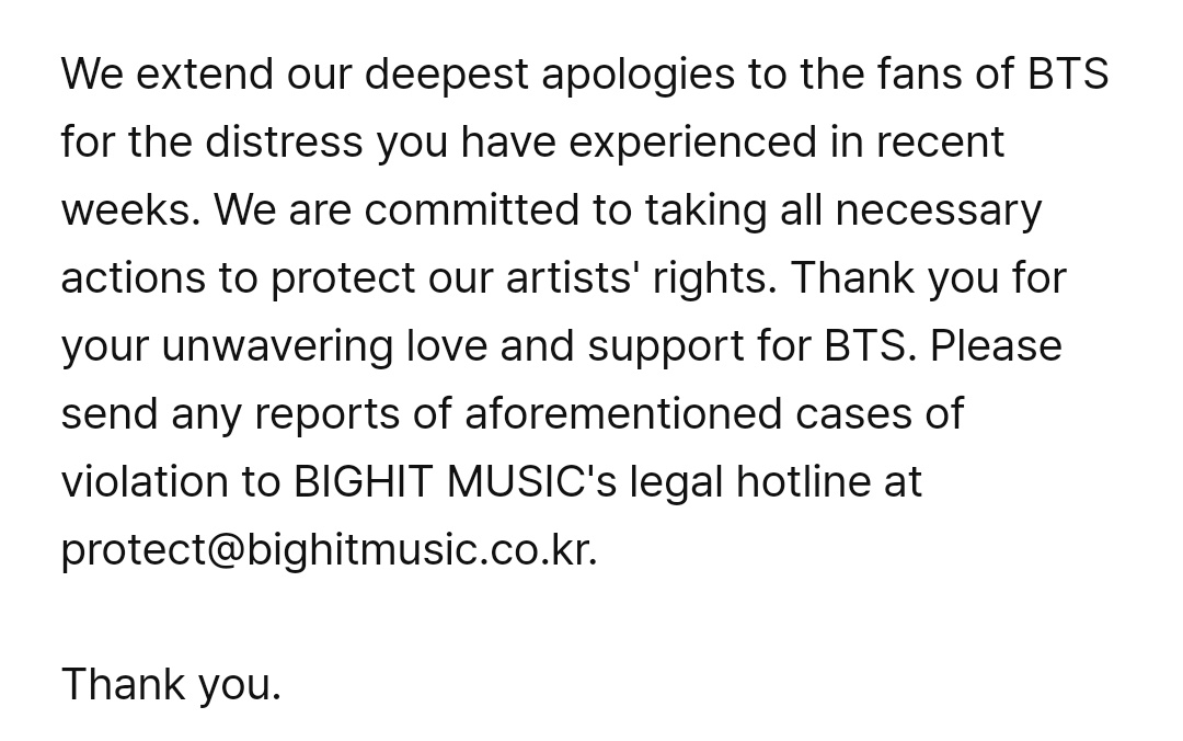 .@bts_bighit Update on Legal Proceedings Against Violation of Artist Rights

[..]We would like to clarify that the recent allegations of hoarding, concept plagiarism, and affiliations with Dahnworld or any religious cults are completely false..