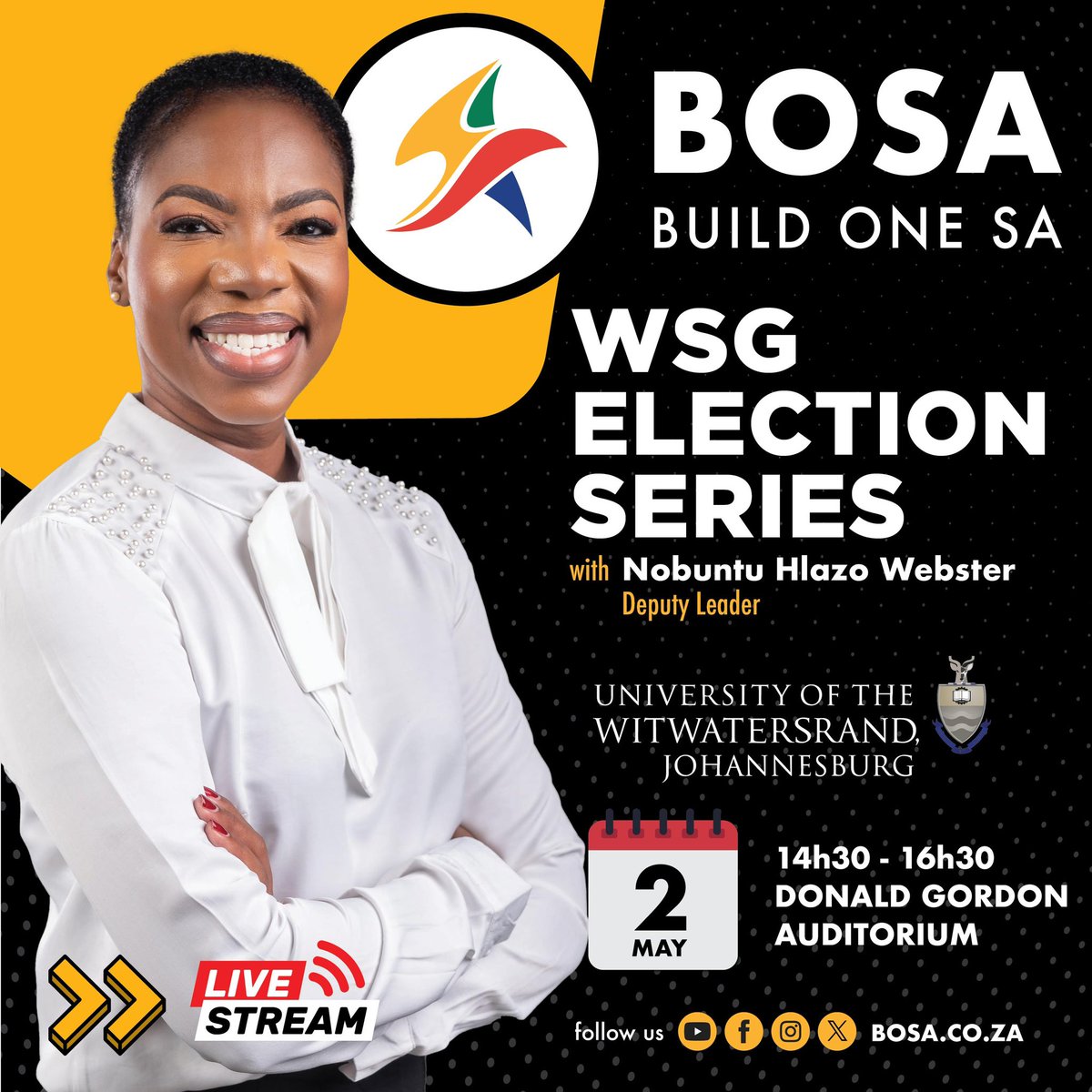 Join our Deputy Leader & Gauteng Premier Candidate @NobuntuSA at the WSG Election Series at Wits University today #VoteBOSA2024