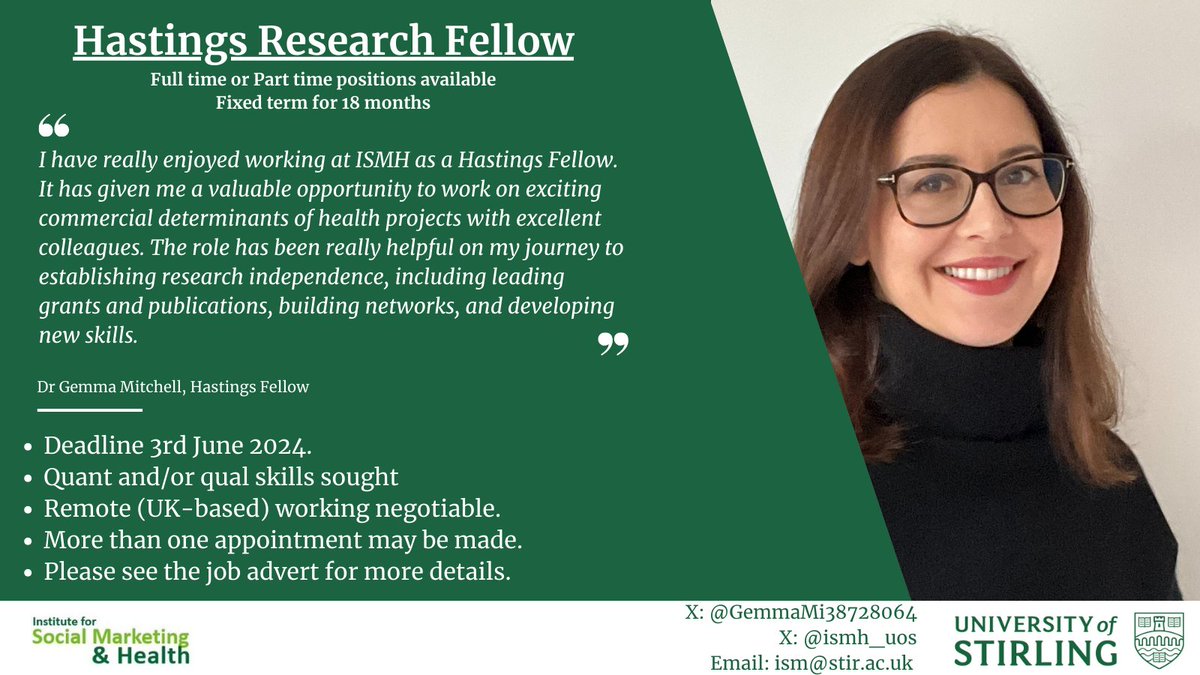 🚨 JOB POSTING📢 Reminder that @ismh_uos are looking for new Hastings Fellows. @GemmaMi38728064, one of our first Fellows, tells us about their experience. 🌐 Ad: stir.ac.uk/9vs 📅 Closing: 3rd June ❓ Questions? See quoted post or get in touch! 🔁 RTs appreciated