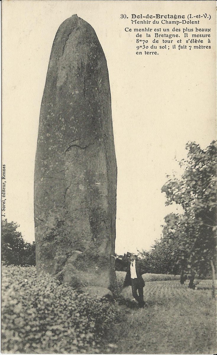 In one tradition every night the moon nibbles away a bit of the 9.3m tall menhir of Champ Dolent in Dol-de-Bretagne (Ille-et-Vilaine). In another it is sinking in to the ground by an inch every 100 years. When it finally disappears, the world will end. #FolkloreThursday.