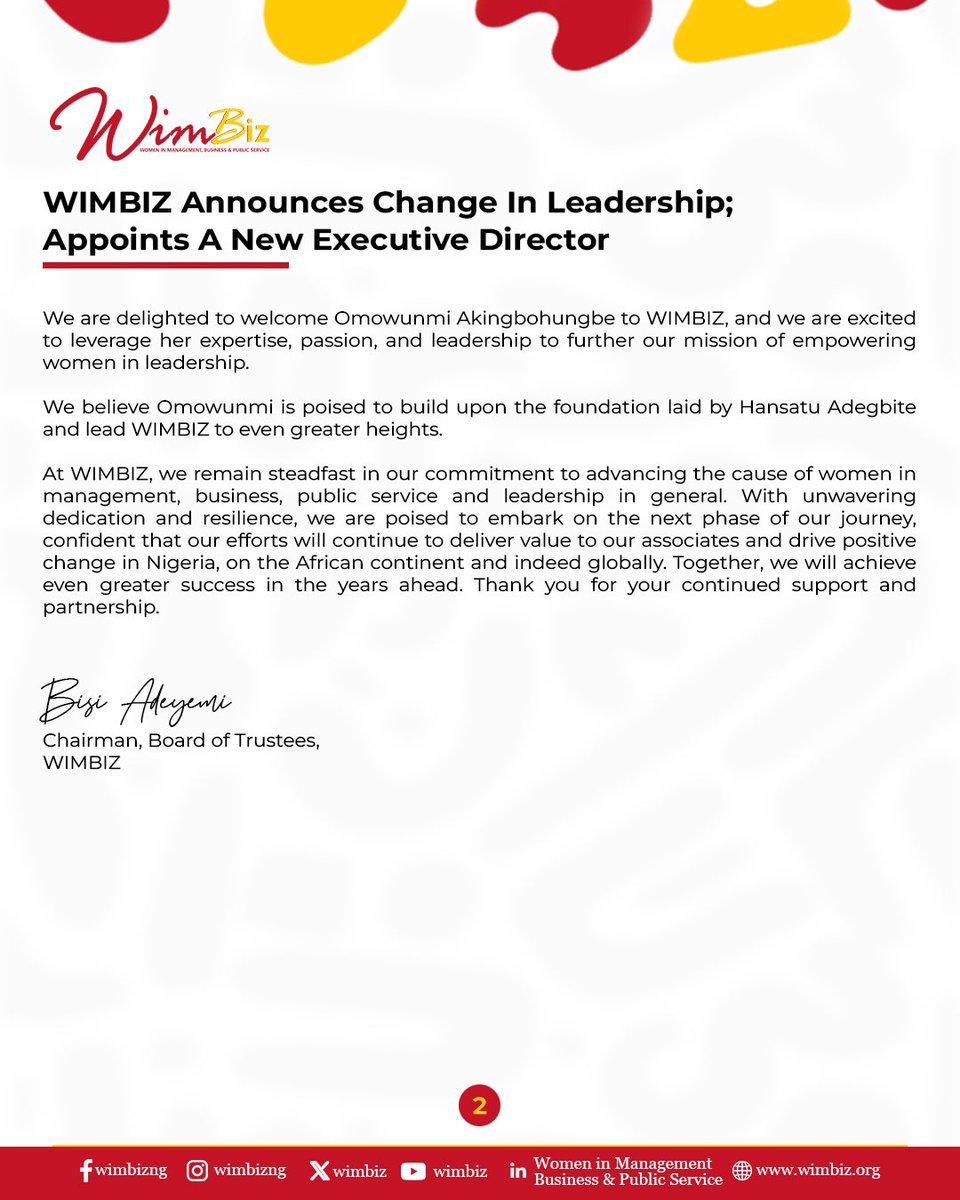 WIMBIZ Announces Change In Leadership; Appoints A New Executive Director The Chairman of the Board of Trustees of WIMBIZ, Ms. Bisi Adeyemi announces the appointment of Omowunmi Akingbohungbe, our new Executive Director!