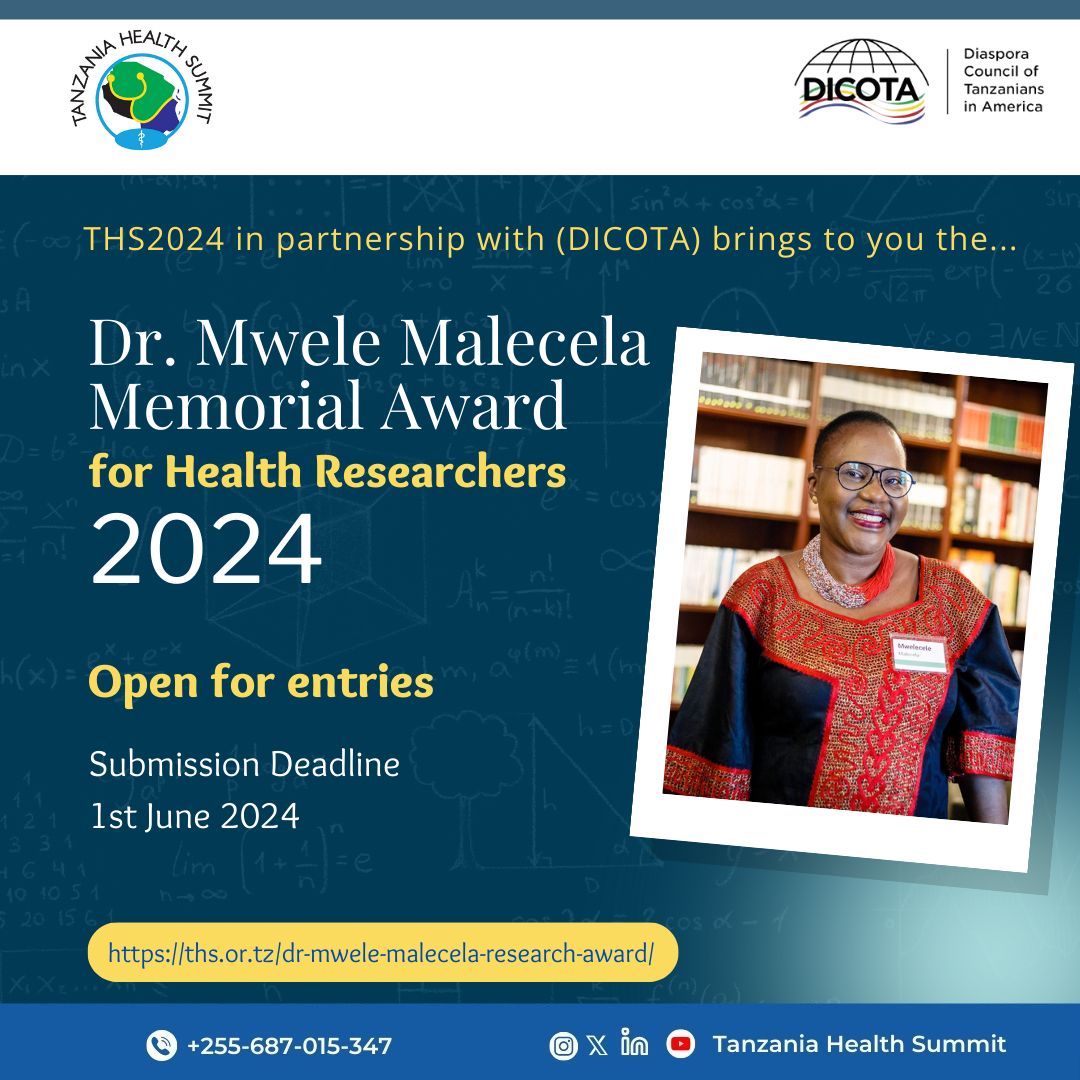 The Dr. Mwele Malecela Award by @TzHealthSummit & @dicotausa recognizes outstanding research & leadership in NTDs. Nominate yourself or a colleague: ➡️ ths.or.tz/dr-mwele-malec… Criteria; ✅3+ peer-reviewed publications (1st author on at least 1) ✅Emerging thought leader #THS2024