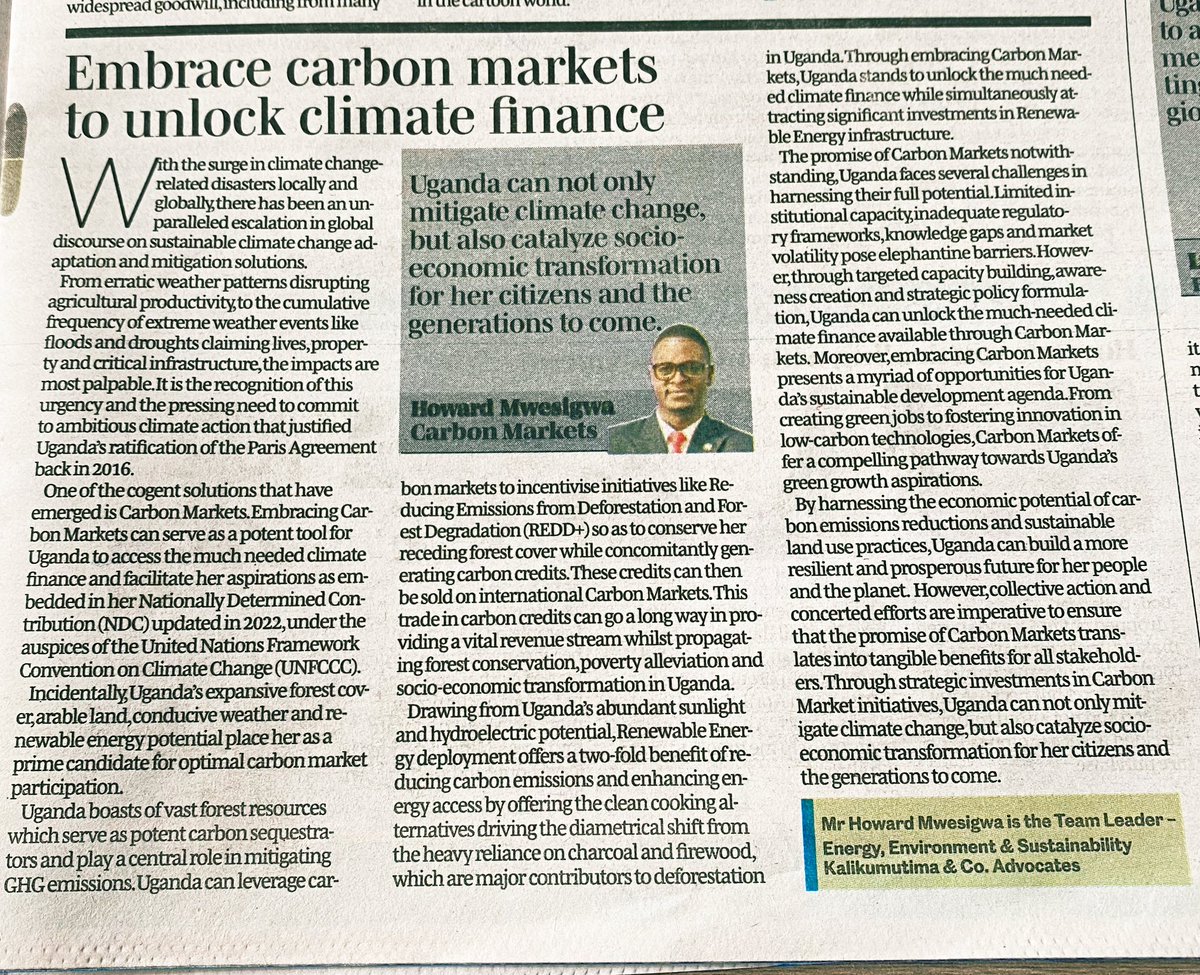 Uganda needs $28.1 Billion to implement her updated Nationally Determined Contribution (NDC), which is virtually half of our GDP! Carbon markets have the potential to unlock the much needed climate finance to enhance our climate action commitments & aspirations. @TheDailyMonitor