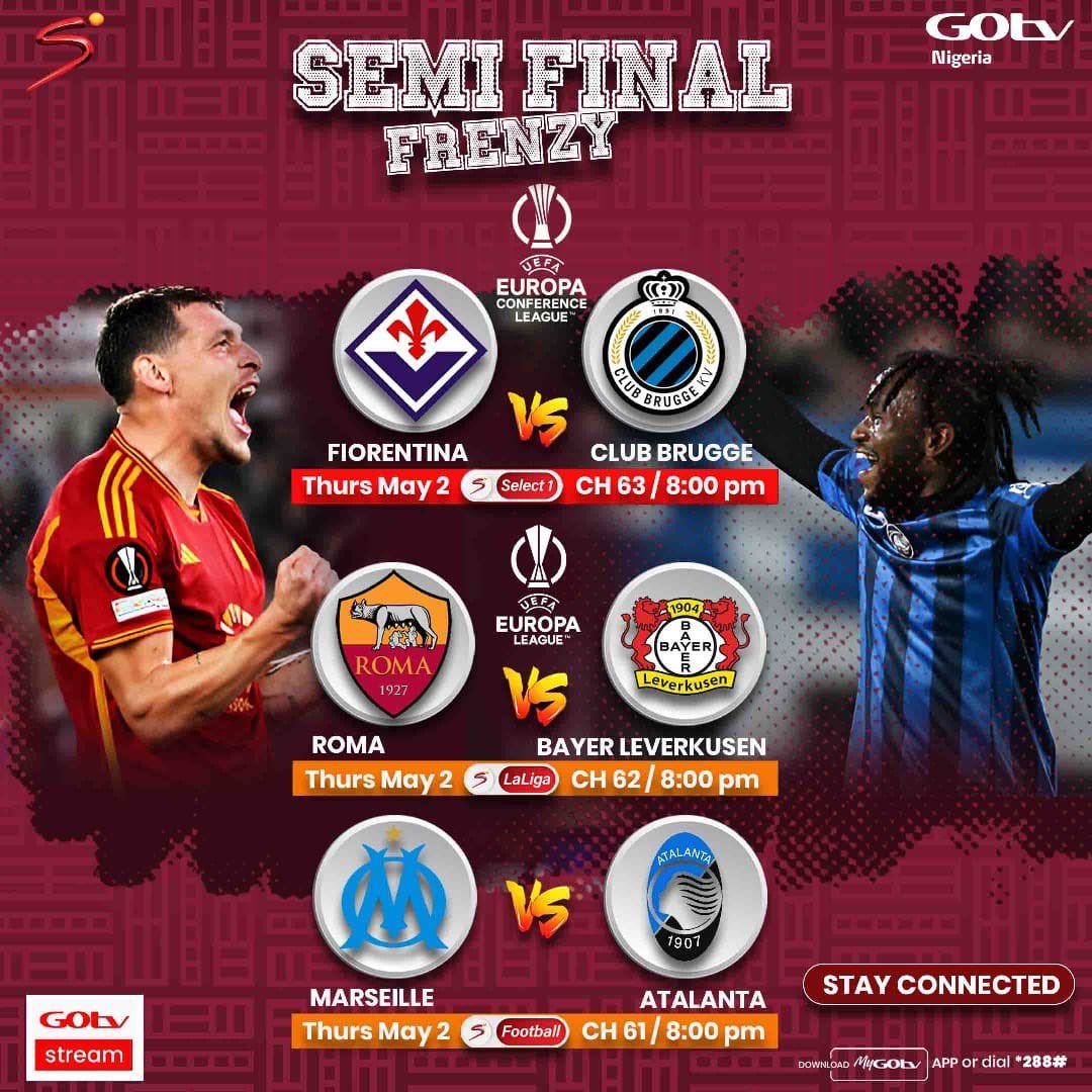 Catch all the thrilling action of the Europa Conference League semi-final LIVE on #GOtv! Don’t miss a moment of the excitement! #EuropaConferenceLeague