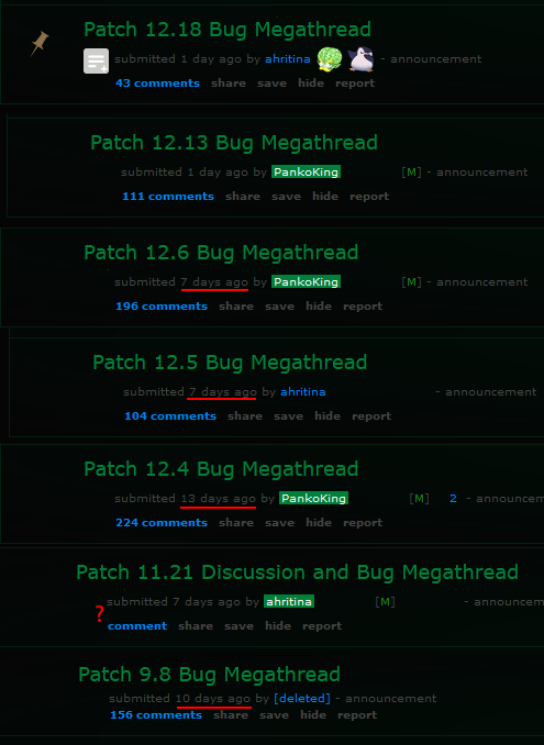 Shirbanator's tweet photo. Average amount of comments on the LoL subreddit Bug Megathread vs the 14.9 - post Vanguard comments.

Just went through web archive, not a deep dive but I've highlighted where the "days ago" is higher than 1 day.

This was done for darkmode (dd.reddit)
#Vanguard #LeagueOfLegends https://t.co/wYRFLQL1wn