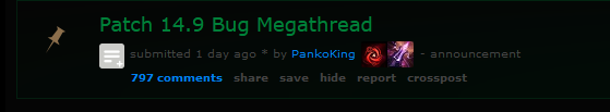 Shirbanator's tweet photo. Average amount of comments on the LoL subreddit Bug Megathread vs the 14.9 - post Vanguard comments.

Just went through web archive, not a deep dive but I've highlighted where the "days ago" is higher than 1 day.

This was done for darkmode (dd.reddit)
#Vanguard #LeagueOfLegends https://t.co/wYRFLQL1wn
