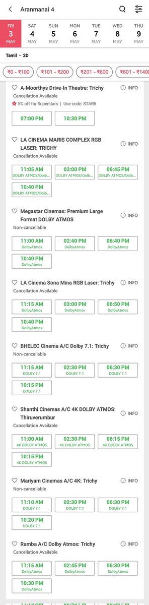 #Aranmanai4 Trichy

LA Cinema Maris70MM 
LA Cinema Sona Screen1 
Ramba
Megastar 
BHELEC 
Mariyam
Shanthi
Moorthys Drive in 

Grand Release from tomorrow