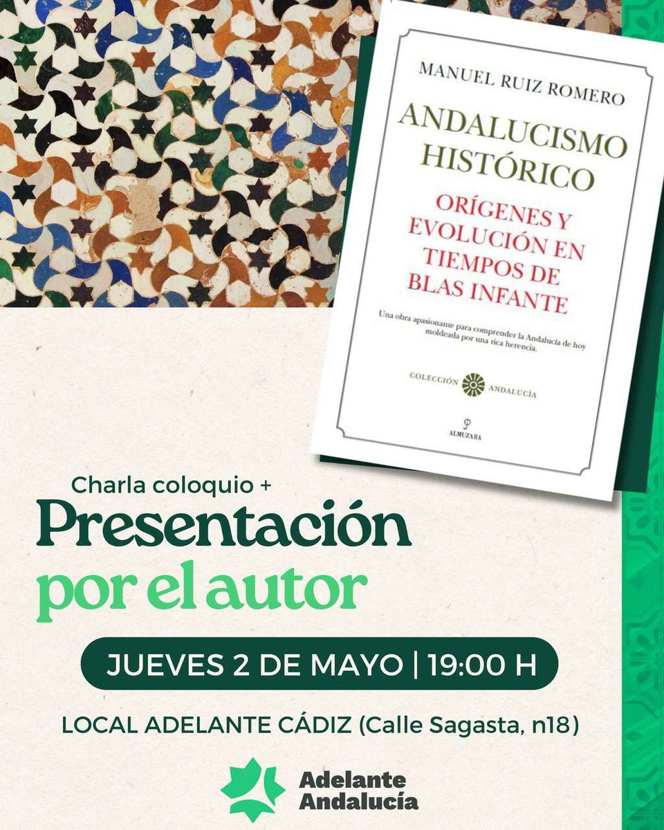 Esta tarde @_manuelruiz presenta en la sede de @Adelante_CAD su libro en @AlmuzaraLibros sobre #andalucismo historico en tiempos de #blasinfante. #andalucismo #poderandaluz