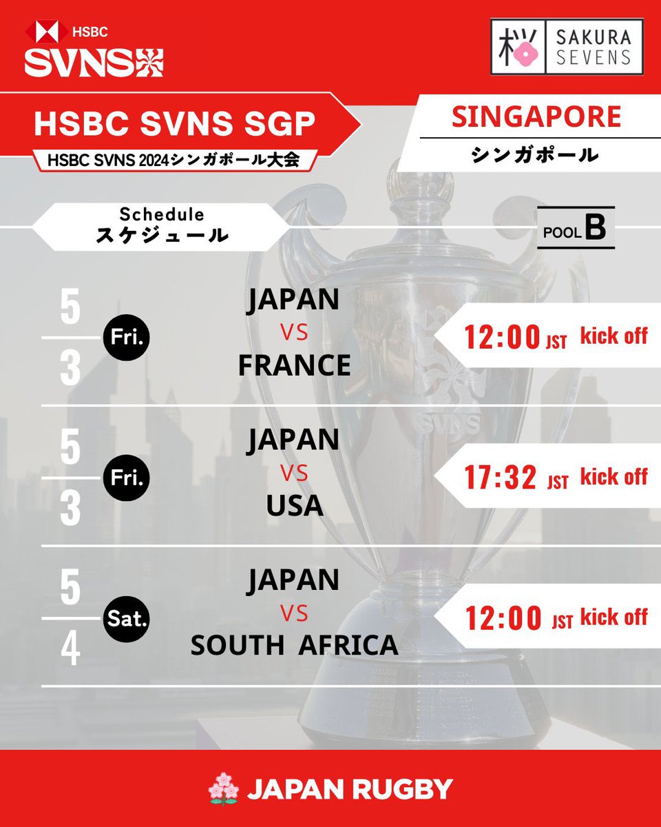 HSBC SVNS 2024 Singapore kicks off tomorrow! 🇸🇬🏆 Here’s our Sakura Sevens members and their pool schedule this weekend 📆 Friday, 3 May - Sunday, 5 May 🏟 Singapore National Stadium 📲 Watch on Rugby Pass TV #Sakura7s | #HSBCSVNSSNG