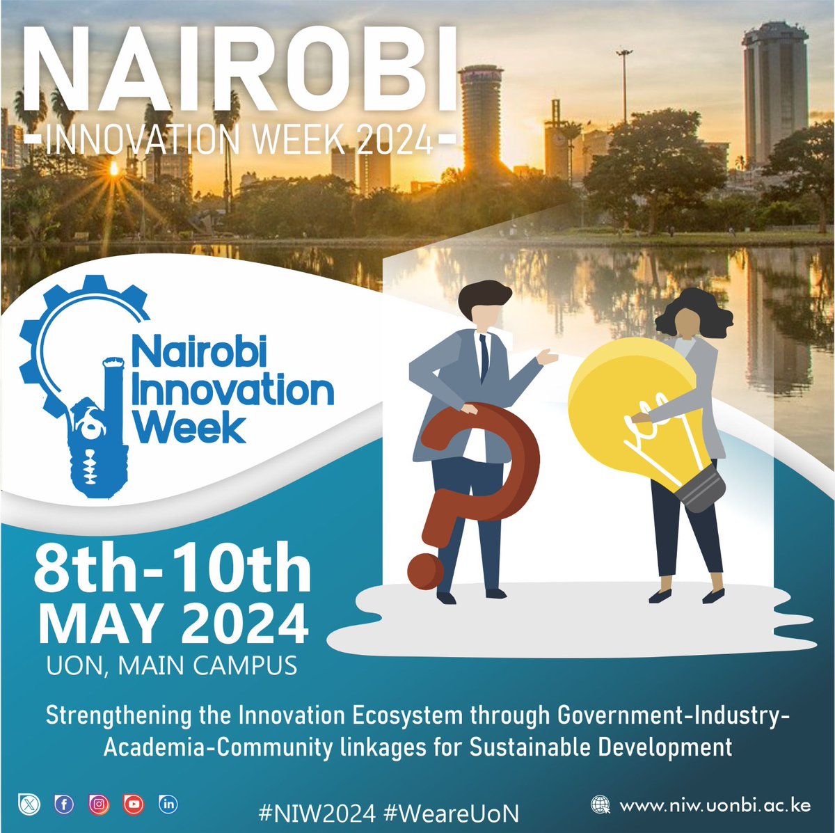 🎯🌟  Can you feel the excitement? We are counting down 7 days to the annual Nairobi Innovation Week 2024 that will be happening on May 8-10, 2024. Are you an Innovator? an Industry leader ? Government and Government Agencies? This is your platform. 
#NIW2024 
#WeareUoN