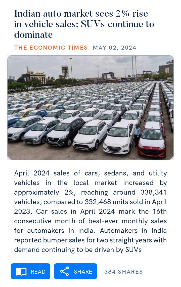 Indian #automarket sees 2% rise in #vehiclesales; #SUVs continue to dominate

economictimes.indiatimes.com/industry/auto/…