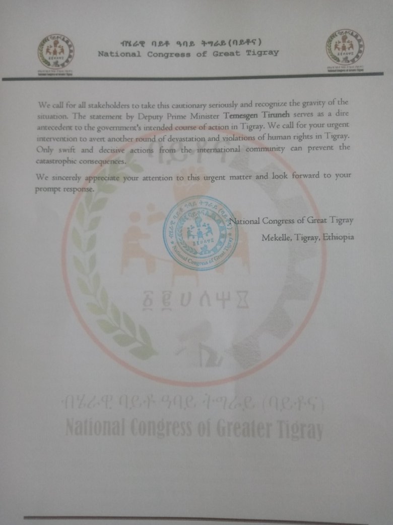 National Congress of Great Tigray (Baitona) is writing this with deep concern to raise alarm about the persistent non-compliance of high-ranking officials and media outlets in particular, and the federal government of Ethiopia in general, to the terms outline in CoHA.