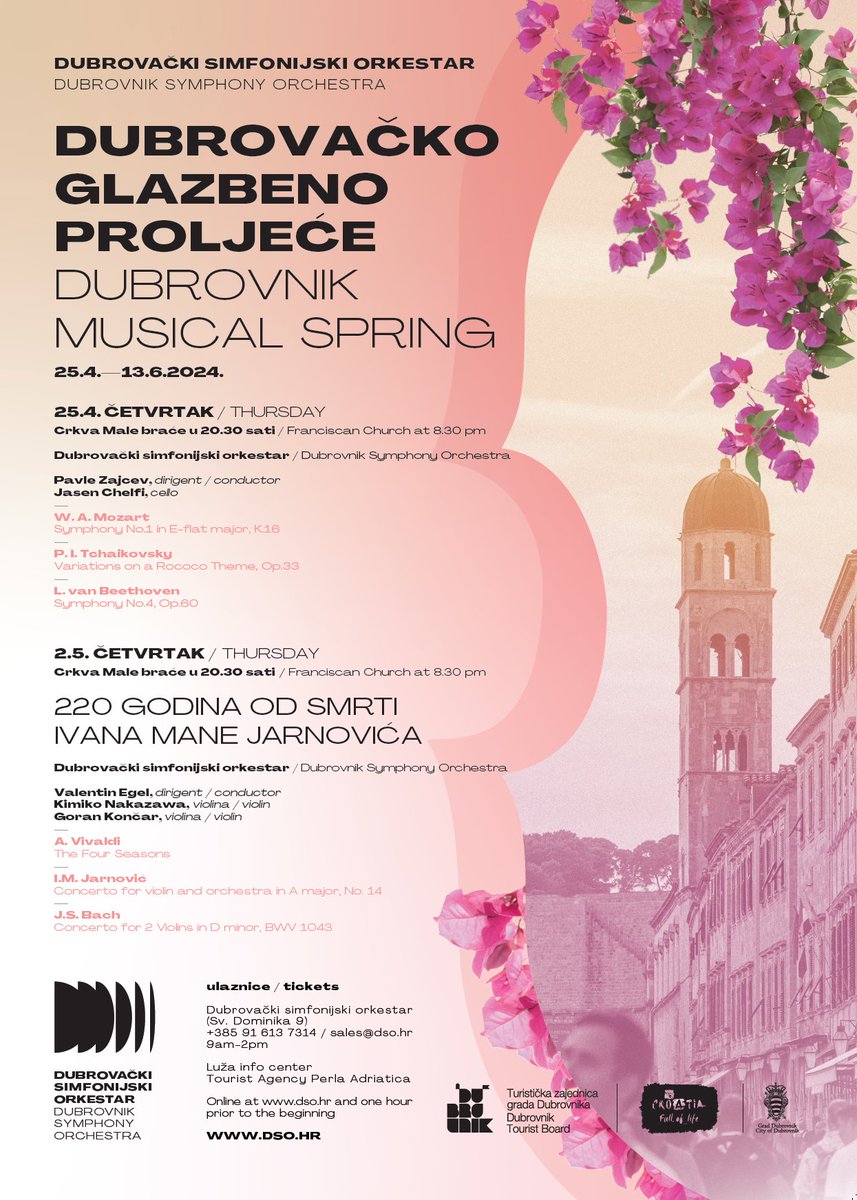 Join us TONIGHT at 9 PM for the second concert of Dubrovnik Musical Spring at the Franciscan Church. 
Maestro Valentin Egel will lead the @SymphonyDSO, with violinists Kimiko Nakazawa and Goran Končar as soloists.
#experiencedubrovnik #croatiafulloflife #dubrovnik