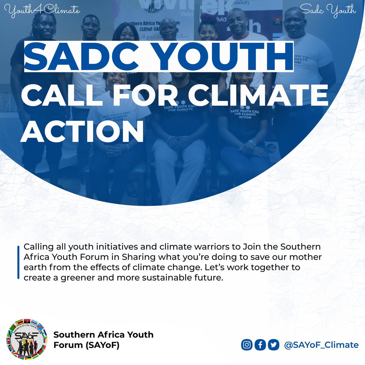 #SADCYouth Call For Climate Action! 💥💥🔥

Are you a youth initiative, or  Climate warrior?  Join the Southern Africa Youth Forum in sharing what you're doing to save our mother Earth.

#Youth4Climate #SADCYouth