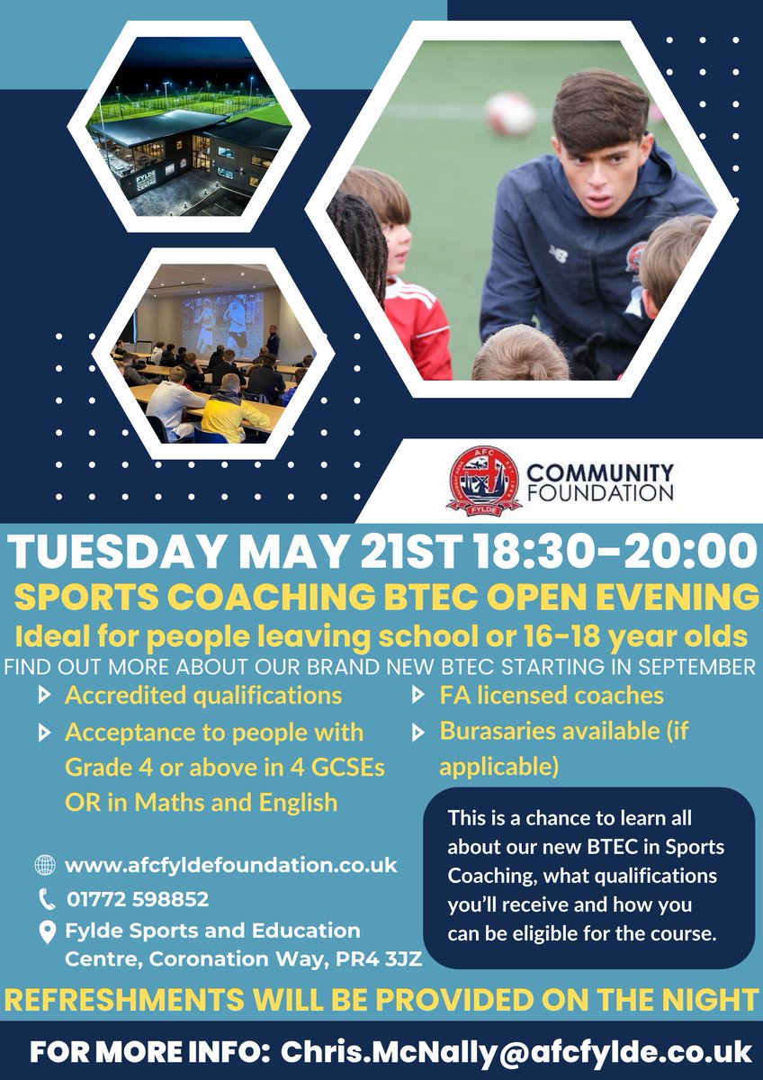 🤔 Still undecided on what to do after leaving school?

📚 Learn more about the Sports Coaching BTEC we offer at our open evening!

#AFCFyldeFoundation