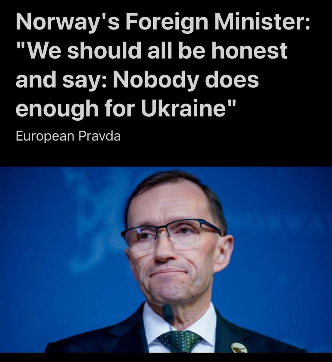 Der Außenminister von #Norwegen, @EspenBarthEide, hat wohl den wichtigsten Satz der letzten Tage formuliert, der leider zu wenig Beachtung gefunden hat: 'Wir sollten alle ehrlich sein und sagen: Niemand tut genug für die #Ukraine'. @Bundeskanzler Mit der Bitte um Retweet.