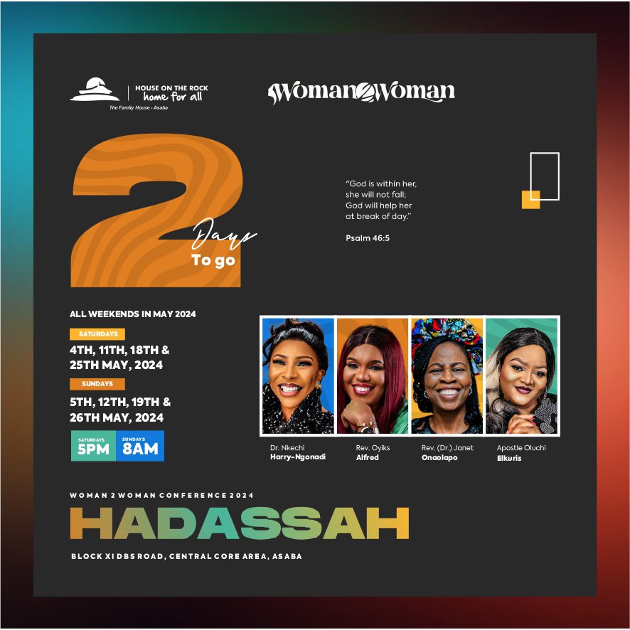 2 DAYS TO GO! 

Oh yes! 
There’s joy in the atmosphere; the Woman2Woman Conference 2024 is only 2 days away. 

Spread the word, be expectant, and remember to come with your family and friends. 

#Hadassah 
#W2WConference2024
#W2WC2024
#HOTRInvitesYou