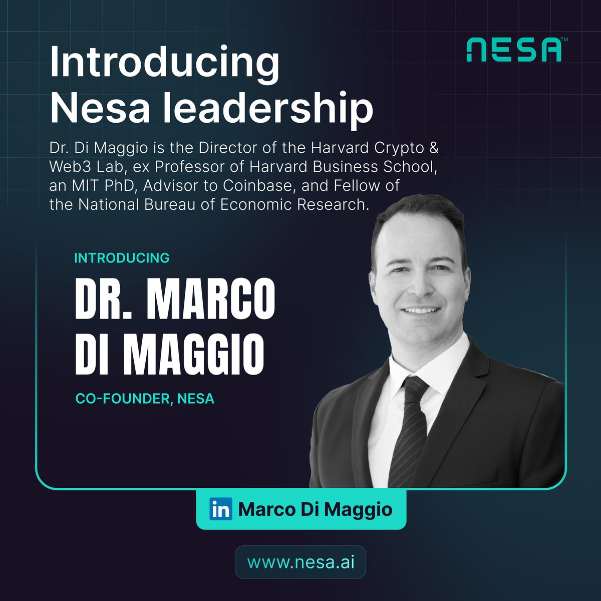 Introducing Co-founder of Nesa and Nesa's Chief of Strategy, Dr. Marco Di Maggio. Dr. Di Maggio is the founding Director of the Harvard Fintech, Crypto and Web3 Lab. He is Professor of Finance at Imperial College and was Professor of Business at Harvard Business School. In 2016