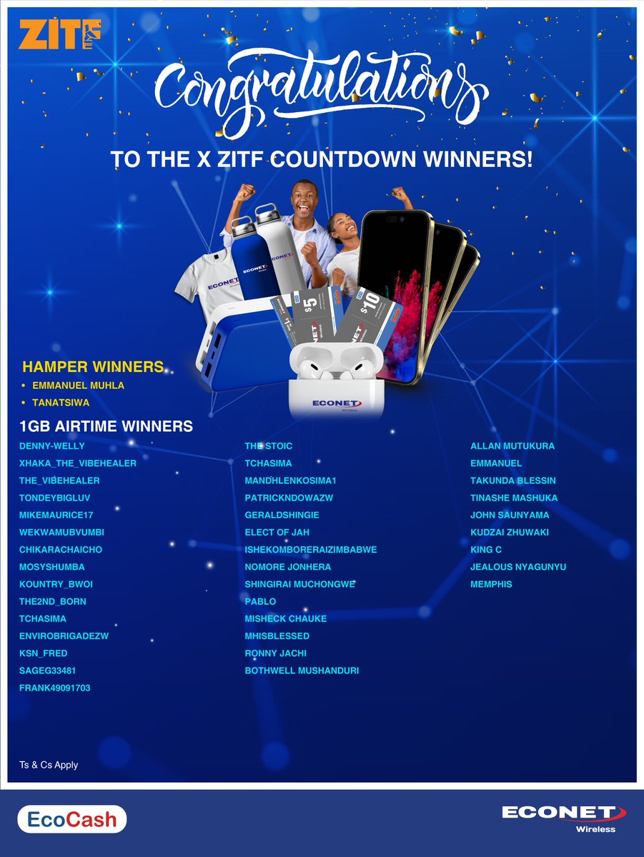 Congratulations to our 2nd X ZITF Countdown Winners. Please inbox your contact details for data credits and Econet Hamper collection arrangements. Thank you for participating.