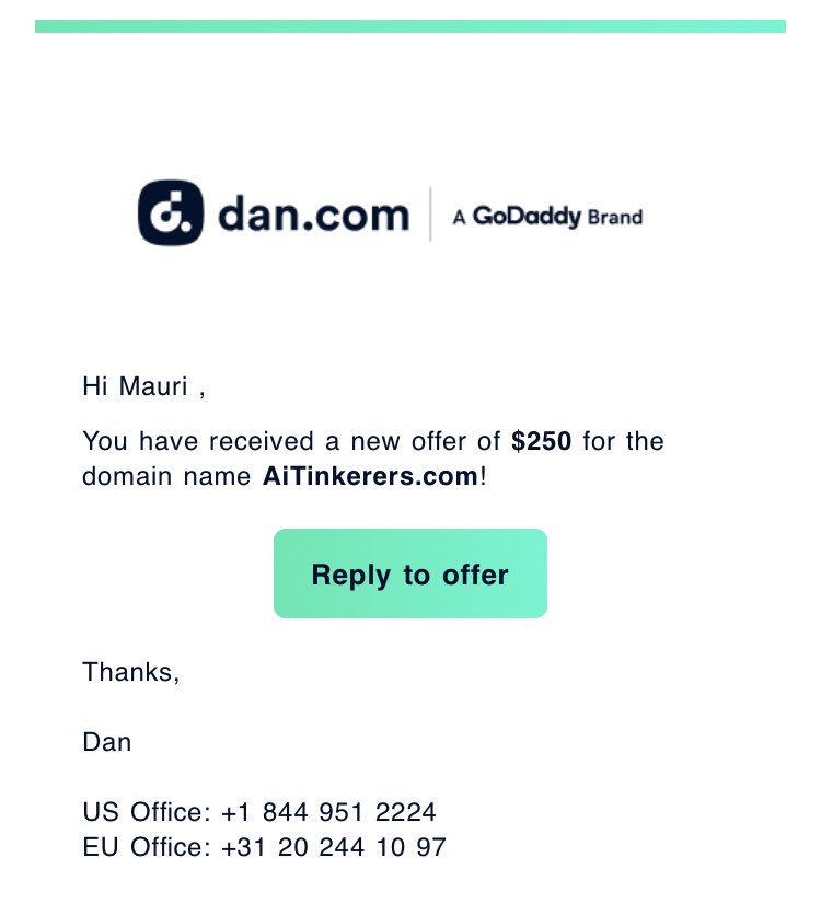 What does someone who offers $250 for a .Com domain think? 🤣 
He's wasting his and my time.
#DomainNames #AI #AiTinkerers