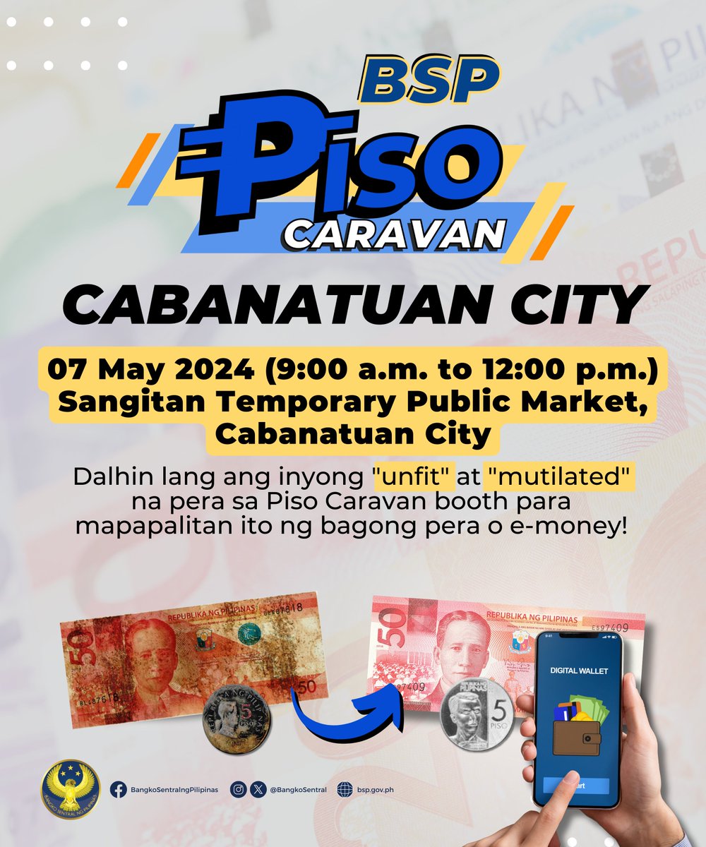 PISO CARAVAN GOES TO CABANATUAN CITY! 📌 ⏰ Magkita-kita tayo sa May 7, 2024, sa Sangitan Temporary Public Market, Cabanatuan City, mula 9:00 a.m. hanggang 12:00 p.m.