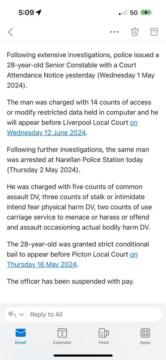 A NSW police officer has been granted bail today after being charged with multiple domestic violence offences, including five counts of common assault and one count of assault occasioning actual bodily harm. He’s also accused of stalking and illegally accessing data. @abcnews