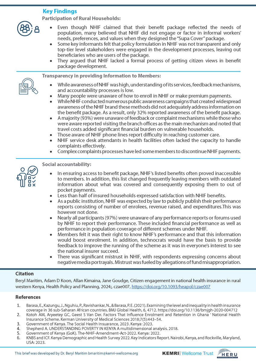 Our latest issue brief highlights findings from a study investigating the state of citizen engagement within NHIF & its impact on health insurance among rural informal workers.