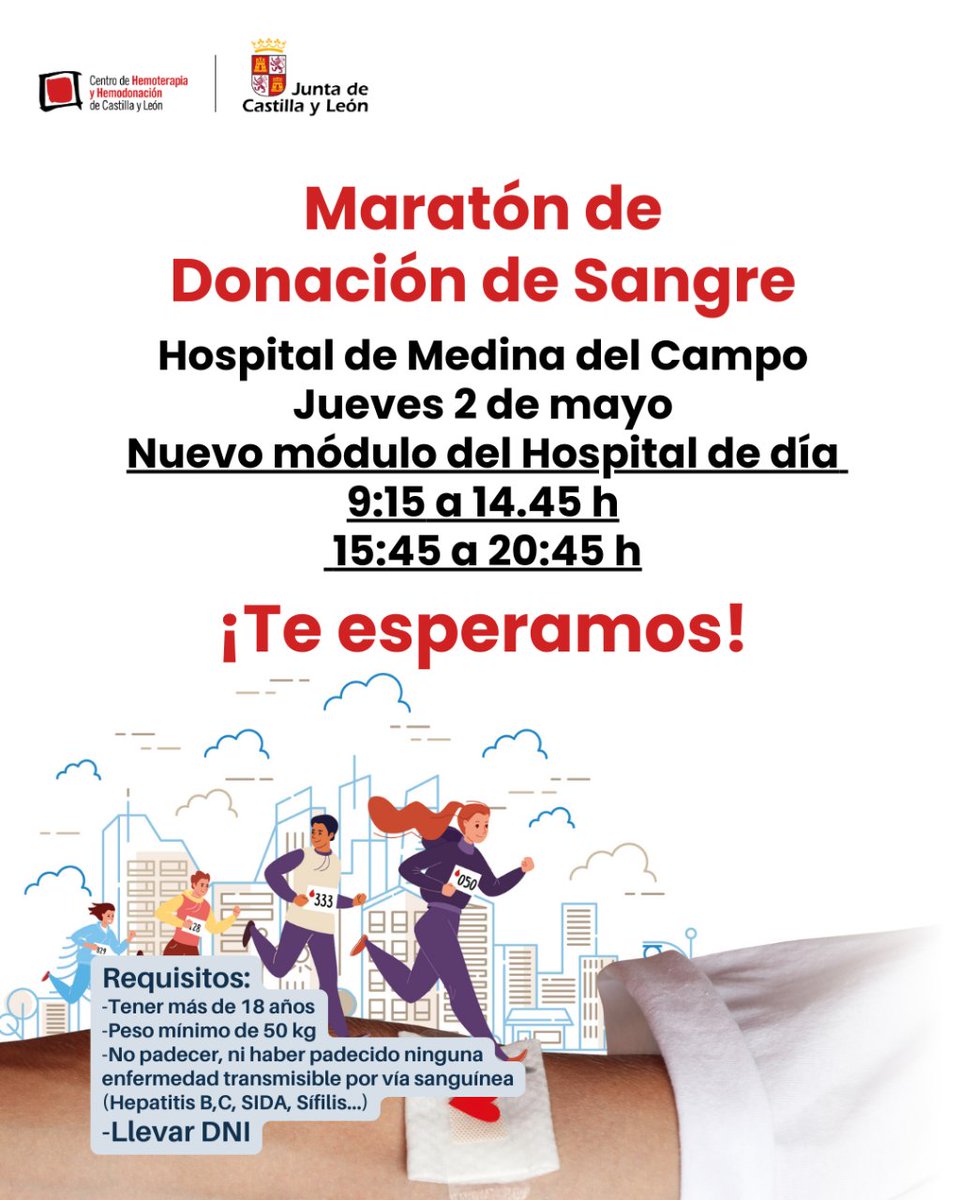 🩸@donasangreCYL continúa con sus 'maratones' de donación en hospitales de #CastillayLeón 📍Hoy, 2 de mayo, en Medina del Campo, #Valladolid 🕜Consulta horarios y acude a donar sangre  @Salud_JCYL  comunicacion.jcyl.es/web/jcyl/Comun…