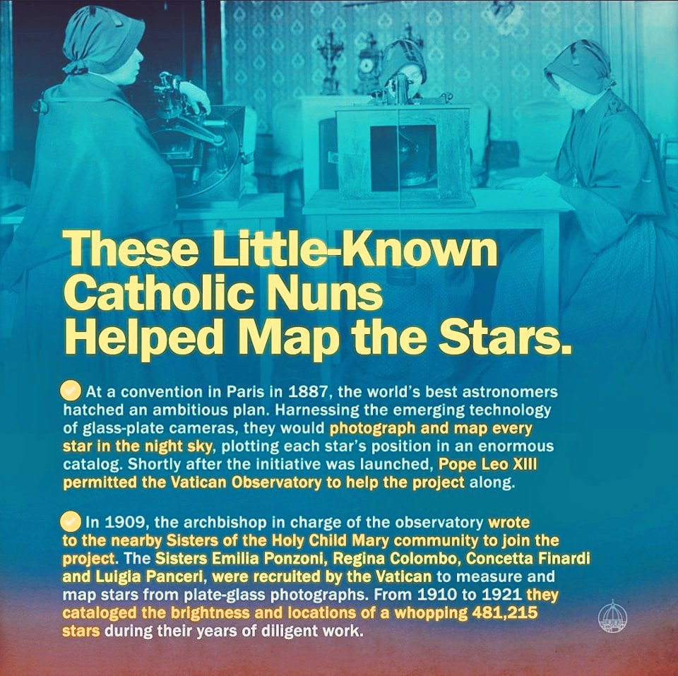 These Little-Known #Catholic Nuns Helped #Map the #Stars 🌟. During the start of 1900s, the Sisters Emilia Ponzoni, Regina Colombo, Concetta Finardi and Luigia Panceri, were recruited by the #Vatican to measure and map stars from plate-glass #photographs. #ChurchAndScience