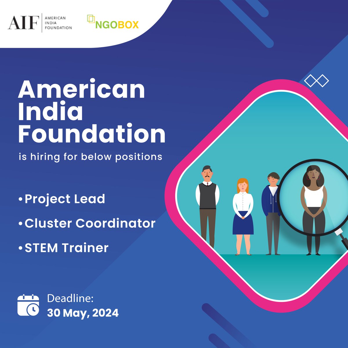 Exciting opportunities at the @AIFoundation ! 🌟 Check out the openings: Project Lead: ngobox.org/job-detail_Pro… Cluster Coordinator: ngobox.org/job-detail_Clu… STEM Trainer: ngobox.org/job-detail_STE… Don't miss out! Apply now! Deadline: 30 May 2024. #JobOpening